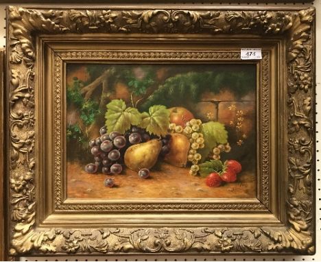 J.F. SMITH (painter for Worcester) "Still Life with Grapes, Pears and Strawberries", oil on board signed lower right approx. 