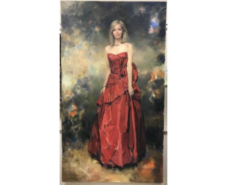 RICARDO MACARRON (1926-2004) "Gay Stewart Larson in Red Dress" full length portrait study oil on canvas signed and dated '86 