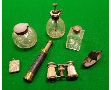 A circa 1900 telescope, a pair of mother of pearl opera glasses, vesta case, inkwell, scent bottle, hip flask, scent atomiser