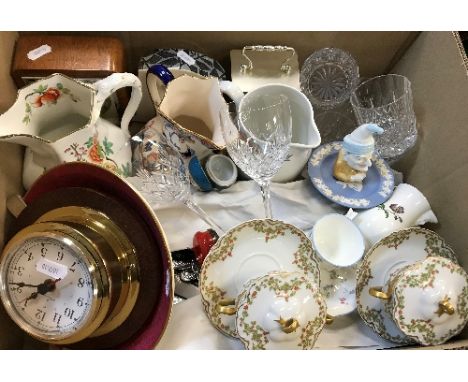 A collection of china and glassware to include Limoges chocolate cups and covers, Worcester  Mr Punch candle snuffer, various