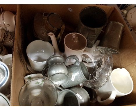 Three boxes of assorted decorative china and other wares to include Poole, various Victorian tea wares, etc, a box of assorte