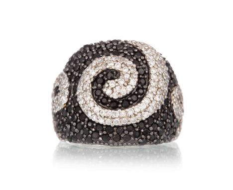 BLACK MOISSANITE AND DIAMOND DRESS RING, of bombe form, in silver, size N