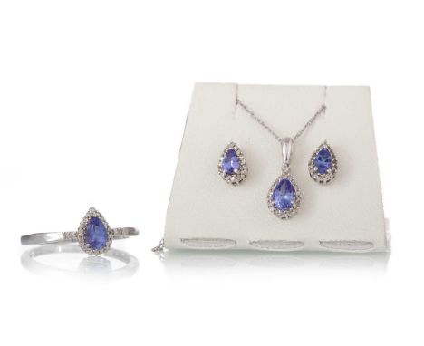 TANZANITE AND DIAMOND SUITE OF JEWELLERY, comprising necklace, earrings and ring, in nine carat white goldEach item has been 