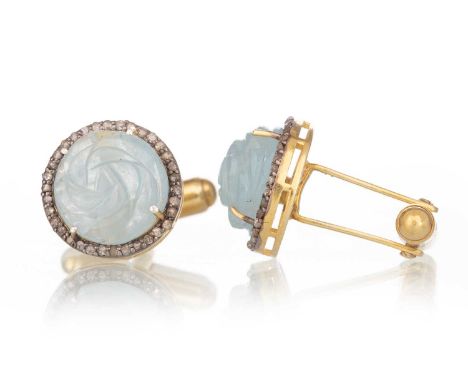 IMPRESSIVE  PAIR OF CUFFLINKS, the carved aquamarines depicting a rose, within diamond halos, silver giltA = 11.69ct D = 0.44