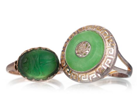 JADE RING ALONG WITH A SCARAB BEETLE RING, the jade ring unmarked, the scarab ring marked 9CT
