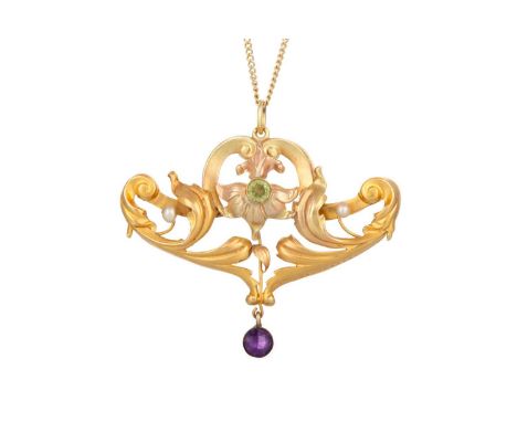 GEM SET PENDANT IN THE MANNER OF THE SUFFRAGETTE STYLE, set with amethyst, seed pearl and peridot, unmarked, on a modern chai