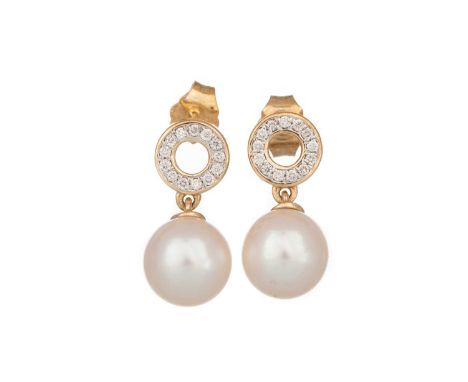 PAIR OF PEARL AND DIAMOND EARRINGS, the spherical pearls suspended from diamond set circle posts, in nine carat gold