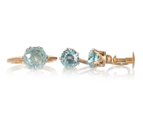 GEMSTONE DRESS RING, ALONG WITH A PAIR OF EARRINGS each set with a blue stone, the ring with an eighteen carat gold shank, th