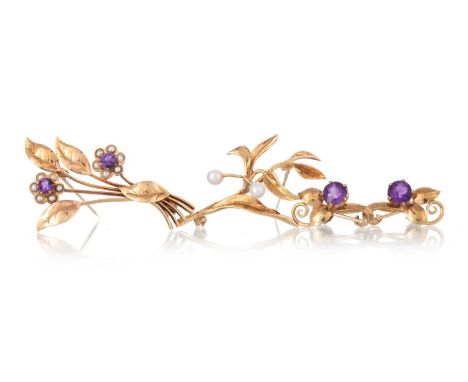 TWO SPRAY BROOCHES AND A PAIR OF EARRINGS, comprising amethyst and pearl examples, each in nine carat goldQty: 11.6g gross