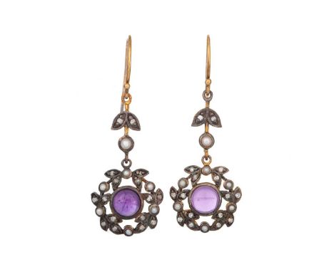 AMETHYST, PEARL AND DIAMOND EARRINGS, set with cabochon amethysts within a pearl and diamond halo, with hook fittings