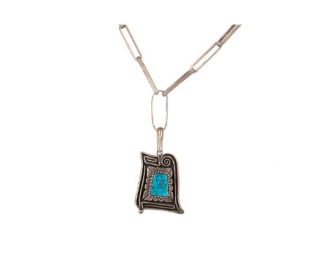 ARIZONA NAVAJO WHITE METAL AND TURQUOISE BANGLE BY LUKE YAZZIE, along with a pendant on chain and a ring
