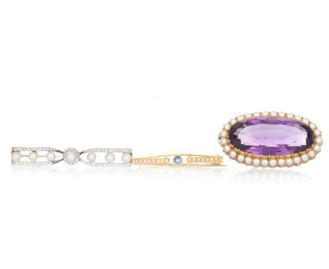 THREE BROOCHES, comprising a diamond and pearl example, an amethyst and pearl example and a sapphire and pearl example, each 