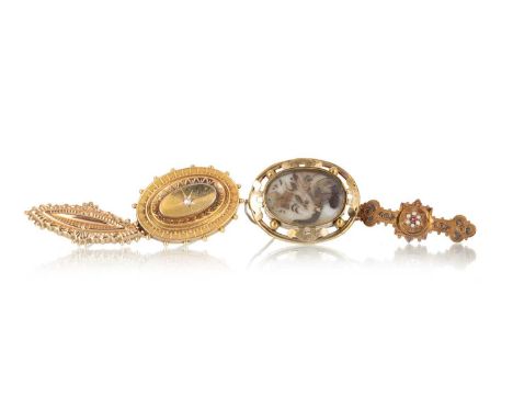 COLLECTION OF VICTORIAN BROOCHES, including two set with hairwork, one dated 1868, along with three bar brooches, an oval exa