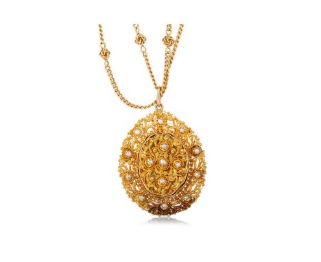 SEED PEARL PENDANT ON CHAIN. the pendant unmarked, with brooch pin to the reverse, chain marked 15Qty: 35.1g