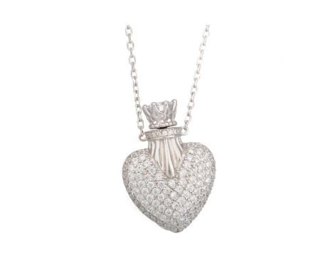 GEM SET LOCKET, of heart form, on a chain set with clear gems, in silver