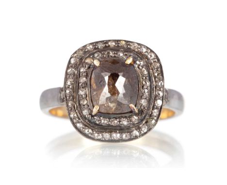 DIAMOND DRESS RING, set with a central brown diamond within a double diamond halo totalling approximately 1.63 carats, size O