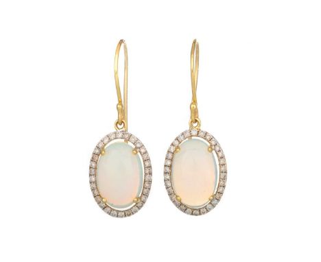 PAIR OF OPAL AND DIAMOND EARRINGS, set with cabochon opals within diamond halos, silver giltO = 4.05ct D = 0.60ct