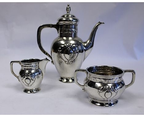  A Danish Silver Three-Piece Coffee Set, Christian F. Heise, 1920 comprising: a coffee pot, a milk jug and a two- handled sug