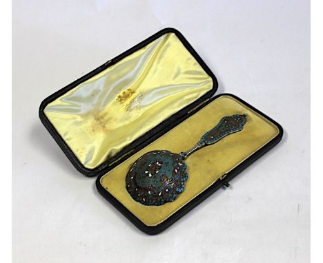  A Cased Russian Silver-Gilt And Cloisonné Enamel Spoon, Stamped 84 with flowerhead and scrolling foliage in traditional colo