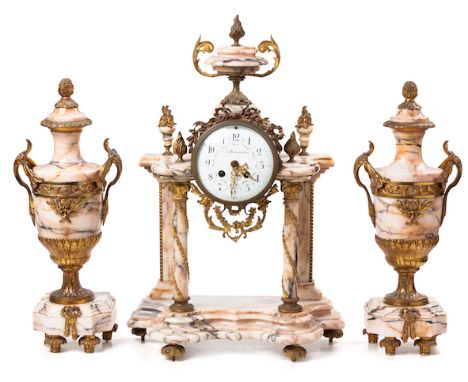  A French Gilt Metal-Mounted Marble Portico Clock Garniture, Late 19th Century the 12,5cm enamel dial with arabic numerals an