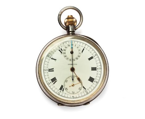  A Tiffany & Co Silver Open-Faced Chronograph Pocket Watch the white circular dial with black roman numerals, subsidiary dial