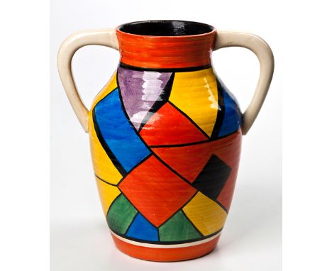  A Clarice Cliff 'Cubist' Pattern Two-Handled Lotus Vase, Circa 1930  29cm high  the tapering ribbed body painted overall wit