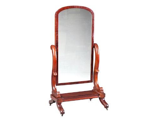  A William IV Mahogany Framed Cheval Mirror, Early 19th Century arched top, curved supports terminating in paw mouldings, pla