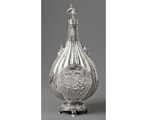  A Continental Silver Pilgrim’s Flask And Cover the flask-shape body with vertical fluting decorated with C-scrolls, scrollin