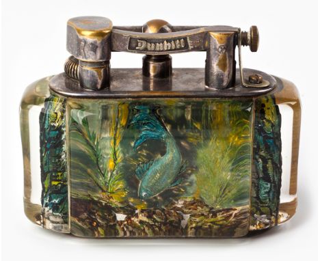  A Chrome-Plated And Lucite 'Aquarium' Table Lighter By Dunhill, Circa 1950  10cm wide  with plated mounts, the lucite panels