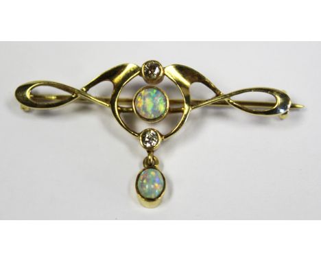  An Art Nouveau Merle Bennet & Co Opal and Diamond Pendant Brooch 15ct yellow gold approximately 42mm  in length 