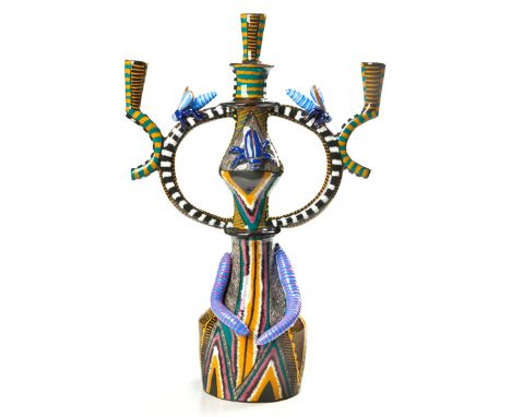  A Large Ardmore Three-Light Candelabrum By Zeblon Msele, 2005 each with baluster base and bulbous stem terminating in a tape