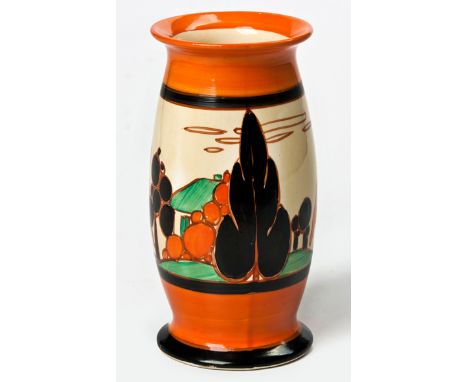  A Clarice Cliff 'Orange Alpine Trees And House' Pattern Vase, 1930s shape 265, painted with cottages amongst bubble and wedg