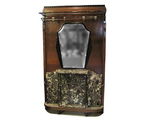  An Art Deco Hallstand, Early 20th Century with mirrored inset back, marble shelf and wrought iron frame, hanging hooks and h