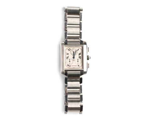  A Cartier Tank Francaise Chronograph Stainless Steel Wristwatch ref. 2303, the rectangular white dial with black Roman numer