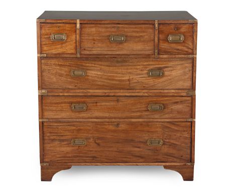  A Teak and Brassbound Military Secretaire Chest on Chest, 19th Century the rectangular top above a central hinged fall-front