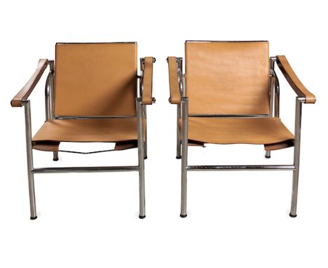  A Pair of Le Corbusier LC1 Style Armchairs chrome frame with cognac leather back, seats and armrests 2 