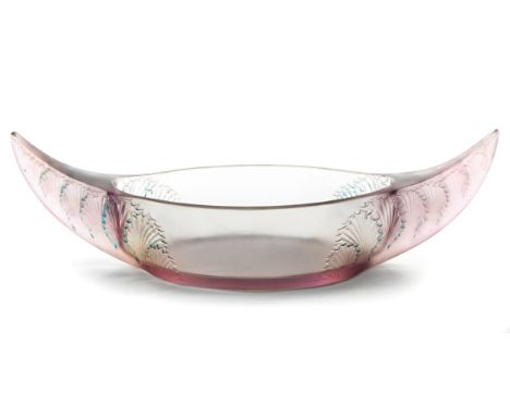  Acanthes: A Lalique Frosted And Blue Patinated Jardinière, Designed 1927 model number 3460, the oval bowl flanked by rising 