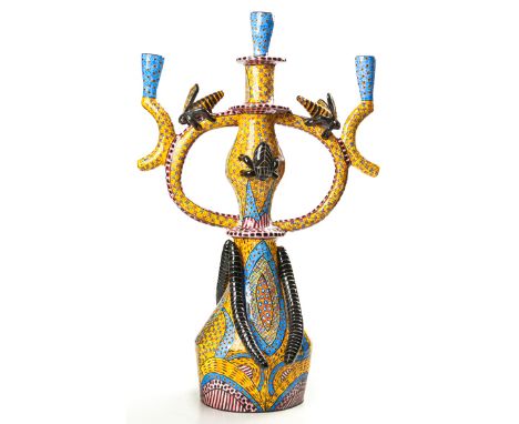  A Large Ardmore Three-Light Candelabrum By Zeblon Msele, 2005 each with baluster base and bulbous stem terminating in a tape