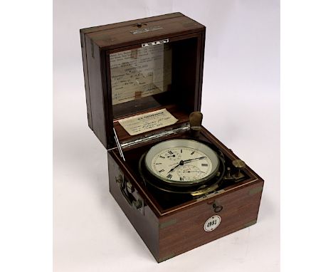  A Swiss Brass-Mounted Mahogany Marine Chronometer, Ulysse Nardin, Switzerland, Mid 20th Century the case with brass-bound bo
