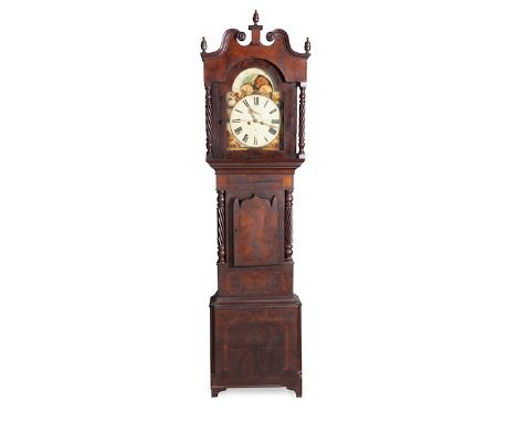  An English Mahogany Longcase Clock, Isle Of Man, Early 19th Century the 31cm silvered and painted dial with Roman numerals, 