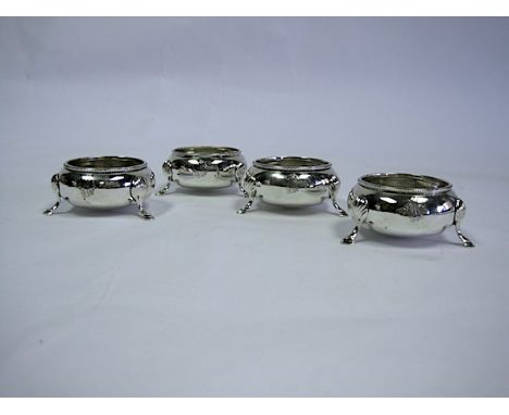  A Set Of Four Victorian Silver Salts, William Hutton & Sons, London, 1892 each circular body with beaded rim, engraved with 
