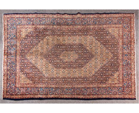  A Moud Carpet Iran, cream and blue field, central medallion, Herati pattern throughout, in diamond shapes with triple gaurd 