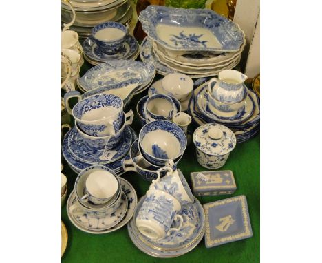 Victorian blue and white printed plates, Spode "Italian" pattern breakfast cups and saucers, and other blue and white china.
