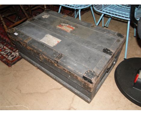 Victorian stained pine steel bound trunk with labels