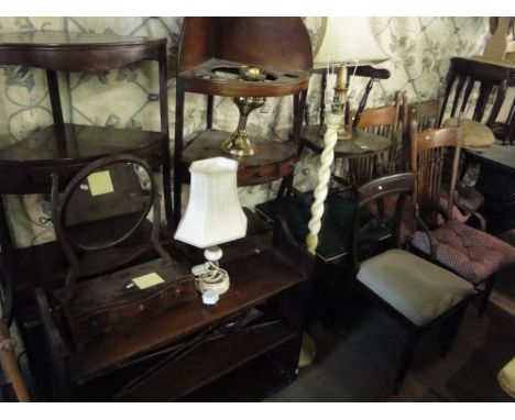 3 American ash spindle back chairs, Georgian corner wash stand, & another, standard lamp etc