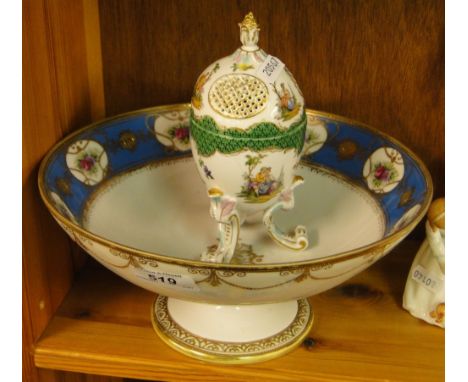 A porcelain jar and cover and a porcelain table centre dish on pedestal.