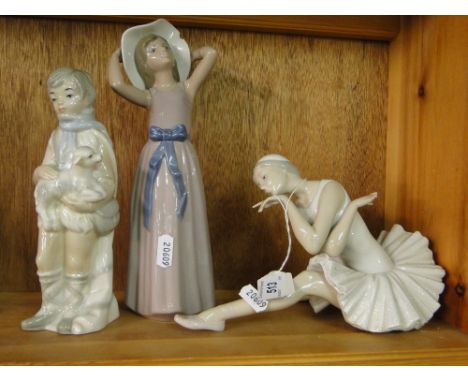 A Lladro ballerina figure, a Lladro girl wearing a hat and another Spanish figure, (3).