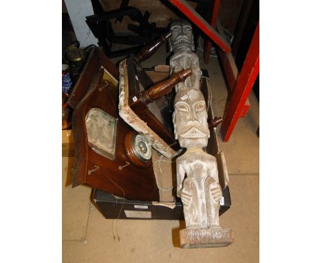 Carved tribal figure, wall mounted barometer with mirror, stool, etc.