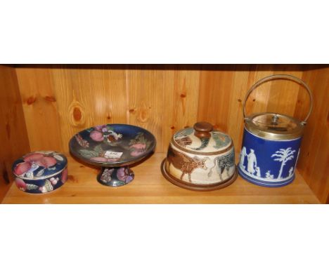 Wedgwood blue Jasperware jar and cover with plated lid and swing handle, a Studio Pottery cheese dish, Oriental comport and m