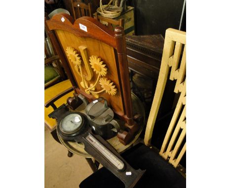 Mahogany hanging corner cabinet, brass top folding table, barometer, firescreen & a watering can